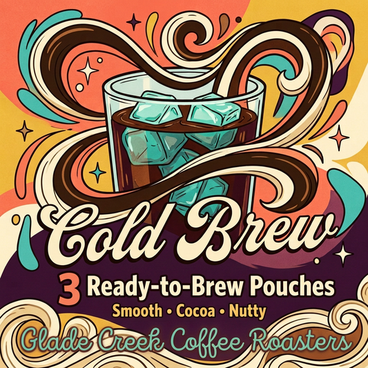 Cold brew graphic with turquoise Glade Creek Coffee Roasters lettering